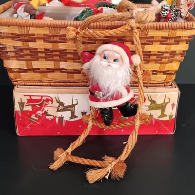 LOT 137: Vintage Christmas- Hard Plastic Blow Mold Santa Ornament, Flocked Deer, Dancing Santa, Foil Elves & More