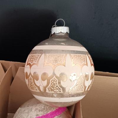 LOT 141: Vintage Christmas- Tinsel Ball, Ceramic Cookie Dish, Shiney Brites, Molded Plastic Santa Bowl & More