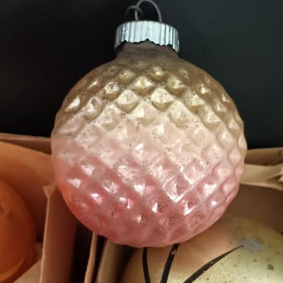 LOT 141: Vintage Christmas- Tinsel Ball, Ceramic Cookie Dish, Shiney Brites, Molded Plastic Santa Bowl & More