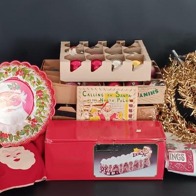 LOT 141: Vintage Christmas- Tinsel Ball, Ceramic Cookie Dish, Shiney Brites, Molded Plastic Santa Bowl & More