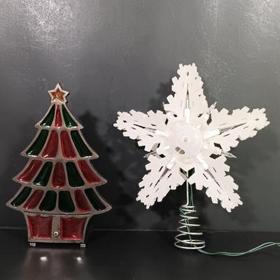 LOT 142: Vintage Christmas- Laser Cut Wood Winter Scene, R&R Imports Cast Iron and Stained Glass Candle Holder, Pyramid Ornaments...