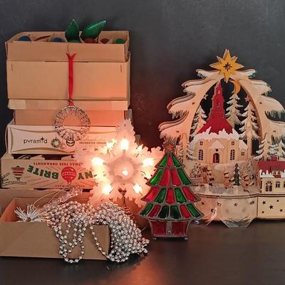 LOT 142: Vintage Christmas- Laser Cut Wood Winter Scene, R&R Imports Cast Iron and Stained Glass Candle Holder, Pyramid Ornaments...