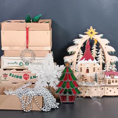 LOT 142: Vintage Christmas- Laser Cut Wood Winter Scene, R&R Imports Cast Iron and Stained Glass Candle Holder, Pyramid Ornaments...