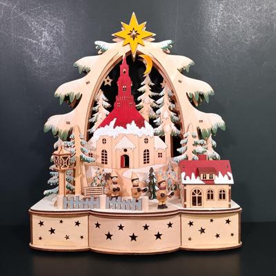 LOT 142: Vintage Christmas- Laser Cut Wood Winter Scene, R&R Imports Cast Iron and Stained Glass Candle Holder, Pyramid Ornaments...