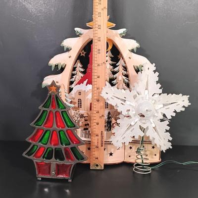 LOT 142: Vintage Christmas- Laser Cut Wood Winter Scene, R&R Imports Cast Iron and Stained Glass Candle Holder, Pyramid Ornaments...