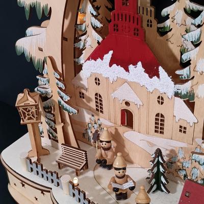 LOT 142: Vintage Christmas- Laser Cut Wood Winter Scene, R&R Imports Cast Iron and Stained Glass Candle Holder, Pyramid Ornaments...