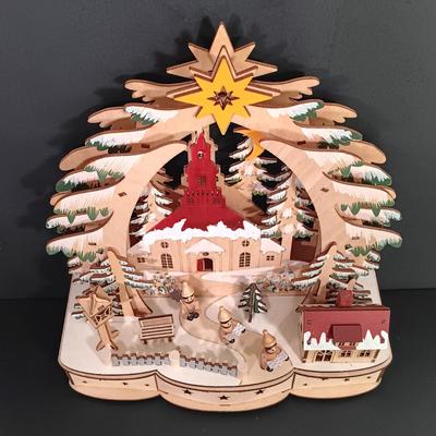 LOT 142: Vintage Christmas- Laser Cut Wood Winter Scene, R&R Imports Cast Iron and Stained Glass Candle Holder, Pyramid Ornaments...