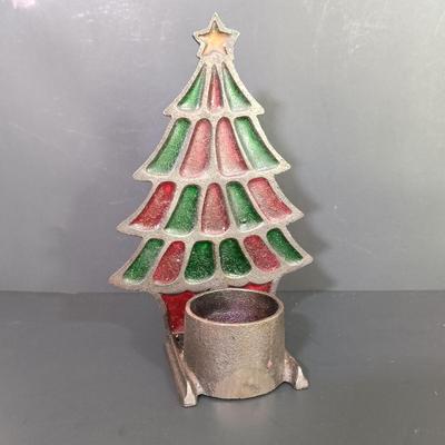 LOT 142: Vintage Christmas- Laser Cut Wood Winter Scene, R&R Imports Cast Iron and Stained Glass Candle Holder, Pyramid Ornaments...