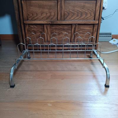 LOT 143: Triumph Escape Rollator Foldable Walker with Seat, White Wicker Wall Cabinet & Chrome Shoe Rack