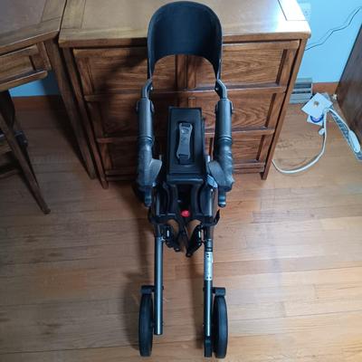 LOT 143: Triumph Escape Rollator Foldable Walker with Seat, White Wicker Wall Cabinet & Chrome Shoe Rack