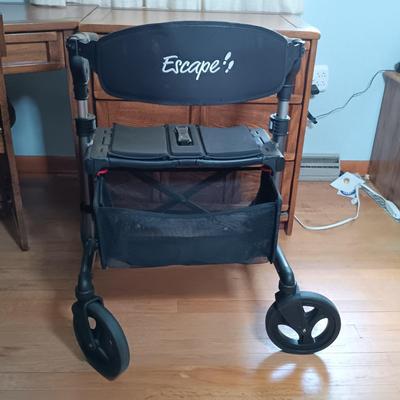 LOT 143: Triumph Escape Rollator Foldable Walker with Seat, White Wicker Wall Cabinet & Chrome Shoe Rack