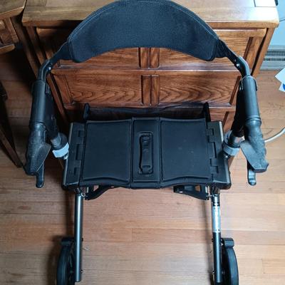 LOT 143: Triumph Escape Rollator Foldable Walker with Seat, White Wicker Wall Cabinet & Chrome Shoe Rack