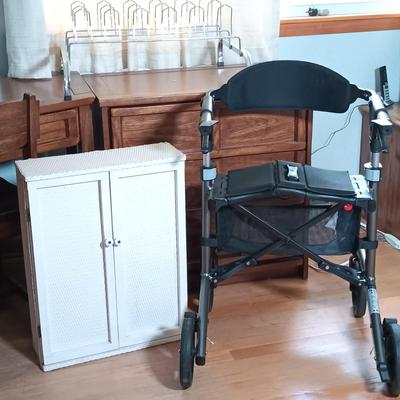 LOT 143: Triumph Escape Rollator Foldable Walker with Seat, White Wicker Wall Cabinet & Chrome Shoe Rack