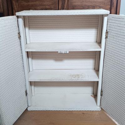 LOT 143: Triumph Escape Rollator Foldable Walker with Seat, White Wicker Wall Cabinet & Chrome Shoe Rack