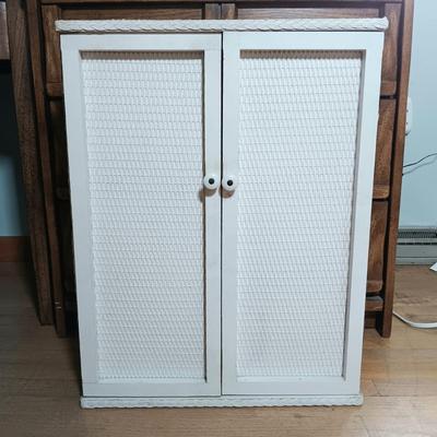 LOT 143: Triumph Escape Rollator Foldable Walker with Seat, White Wicker Wall Cabinet & Chrome Shoe Rack