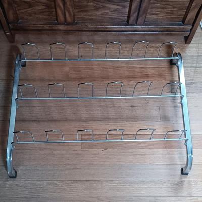 LOT 143: Triumph Escape Rollator Foldable Walker with Seat, White Wicker Wall Cabinet & Chrome Shoe Rack