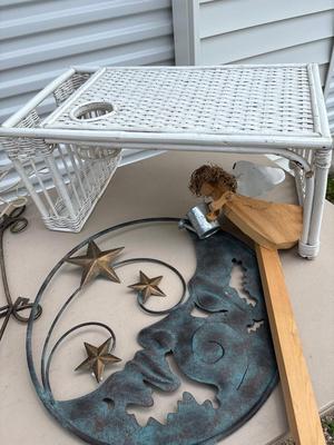 Vintage wooden bed tray, wall, decor, and plate racks