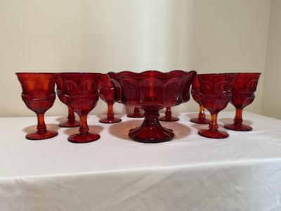 Fostoria Ruby Red Argus Goblets & Coin Glass Compote (E-HS)