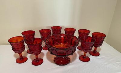 Fostoria Ruby Red Argus Goblets & Coin Glass Compote (E-HS)