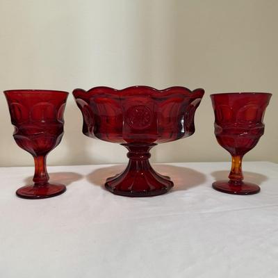 Fostoria Ruby Red Argus Goblets & Coin Glass Compote (E-HS)