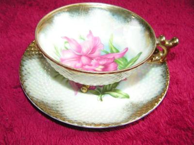 Vintage Norcrest fine china footed teacup & saucer, hand painted w/gold trim