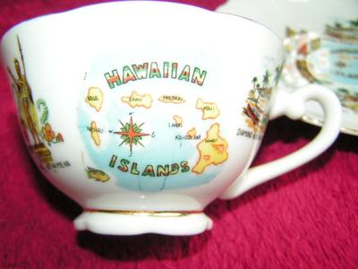 Hawaii 50th State souvenir footed teacup & saucer, Hawaiian motif.