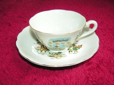Hawaii 50th State souvenir footed teacup & saucer, Hawaiian motif.