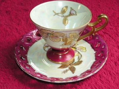 Vintage Lusterware (Japan) footed teacup & reticulated saucer hand painted