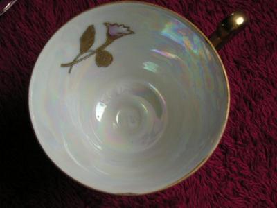 Vintage Lusterware (Japan) footed teacup & reticulated saucer hand painted