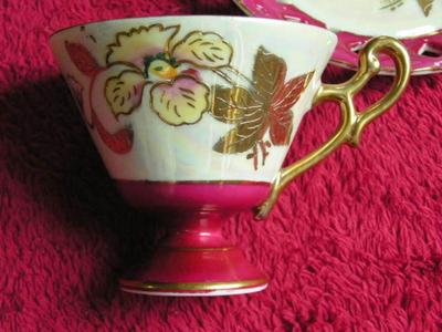 Vintage Lusterware (Japan) footed teacup & reticulated saucer hand painted