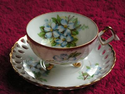 Vintage Cherry China (Japan) footed teacup & reticulated saucer, gold trim
