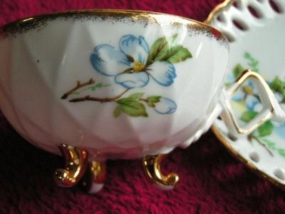 Vintage Cherry China (Japan) footed teacup & reticulated saucer, gold trim