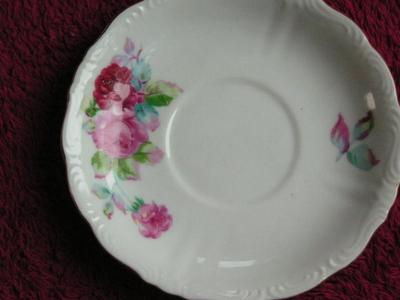 Vintage (maybe Lefton, Japan?) footed teacup & saucer, porcelain, gold trim.