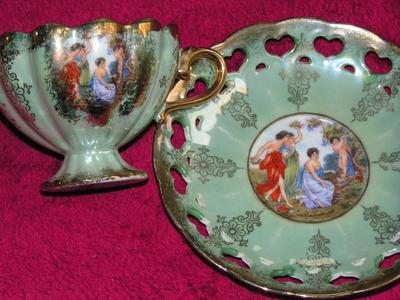 Vintage Lefton China (Japan), footed teacup & reticulated saucer. Greek classical