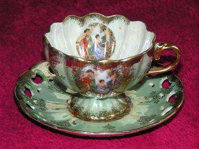 Vintage Lefton China (Japan), footed teacup & reticulated saucer. Greek classical
