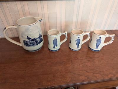 Blue Delft Hand Painted Pitcher & Mugs Charles Morgan "Capt" A Hab "Queequea"