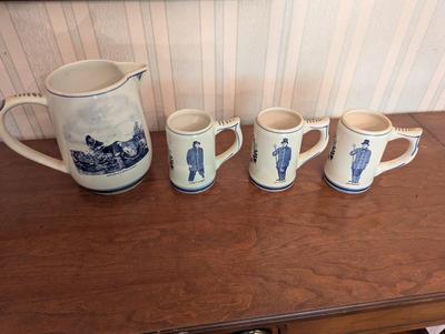 Blue Delft Hand Painted Pitcher & Mugs Charles Morgan "Capt" A Hab "Queequea"