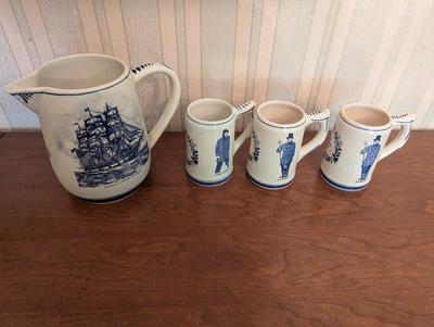 Blue Delft Hand Painted Pitcher & Mugs Charles Morgan "Capt" A Hab "Queequea"