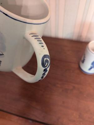Blue Delft Hand Painted Pitcher & Mugs Charles Morgan "Capt" A Hab "Queequea"