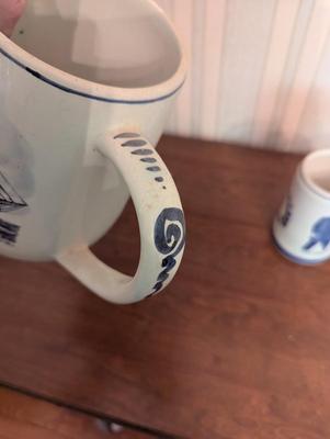 Blue Delft Hand Painted Pitcher & Mugs Charles Morgan "Capt" A Hab "Queequea"