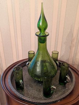 Vintage Crackling Green Hand Blown Decanter & Small Mugs