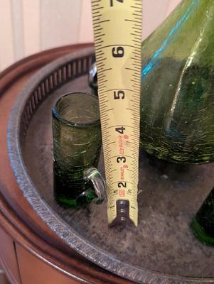 Vintage Crackling Green Hand Blown Decanter & Small Mugs