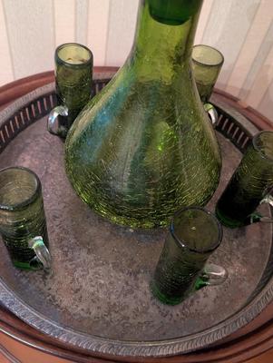 Vintage Crackling Green Hand Blown Decanter & Small Mugs