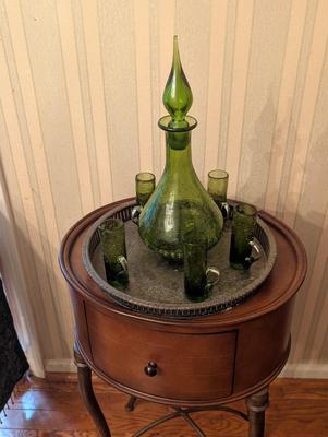 Vintage Crackling Green Hand Blown Decanter & Small Mugs