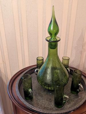 Vintage Crackling Green Hand Blown Decanter & Small Mugs