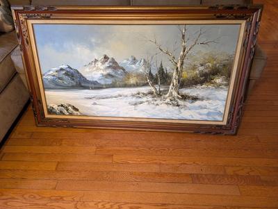 Huge Canvas Original Vtg G. Whitman Snow Mountain Oil Painting Framed Signed