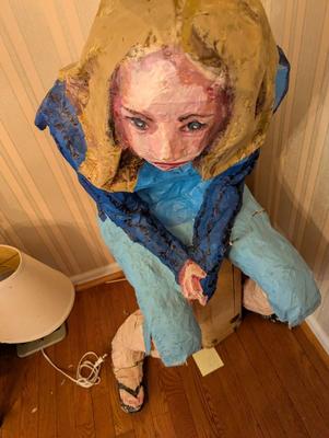 Paper Mache Young Lady Sitting On A Vintage Suitcase by Artist Nancy Hayes Winston Salem, NC