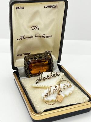 LOT 162J: Two Vintage Wire Wrapped Mother of Pearl "Mother" Pins and a Vintage Art Glass "Citrine" Rhinestone Brooch