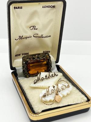 LOT 162J: Two Vintage Wire Wrapped Mother of Pearl "Mother" Pins and a Vintage Art Glass "Citrine" Rhinestone Brooch