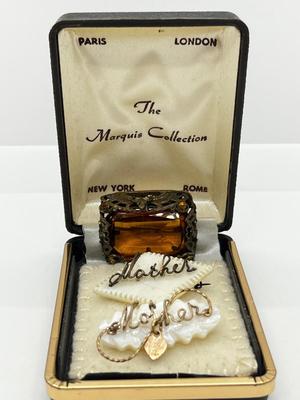 LOT 162J: Two Vintage Wire Wrapped Mother of Pearl "Mother" Pins and a Vintage Art Glass "Citrine" Rhinestone Brooch